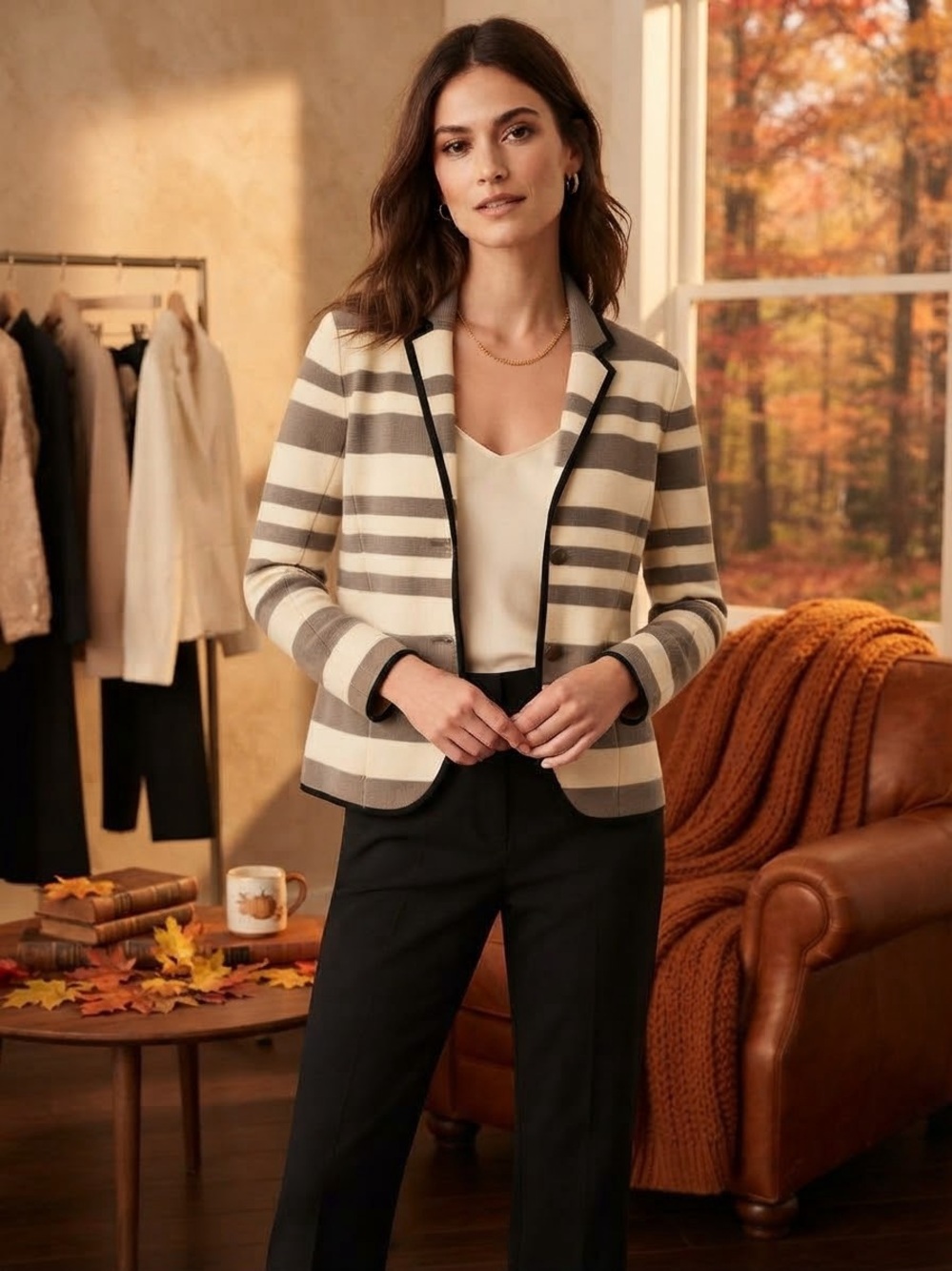 LOFT Cream & Gray Striped Blazer with Black Piping